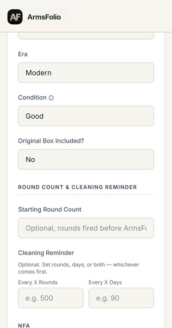 Round count, cleaning reminder and NFA